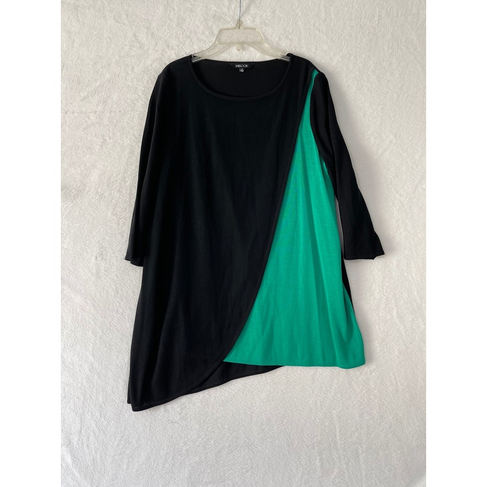 Misook Womens Asymmetrical Colorblock Knit Tunic Top Black Green Size Medium